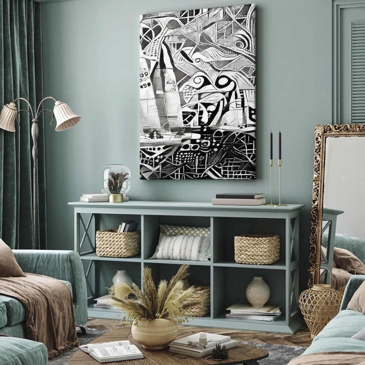Quadro su tela - Stampe su Tela - Barche a vela astratte in una composizione monocromatica - 70x100cm - Tra le onde - Decorazione murale moderna per soggiorno e camera da letto ARTTOR