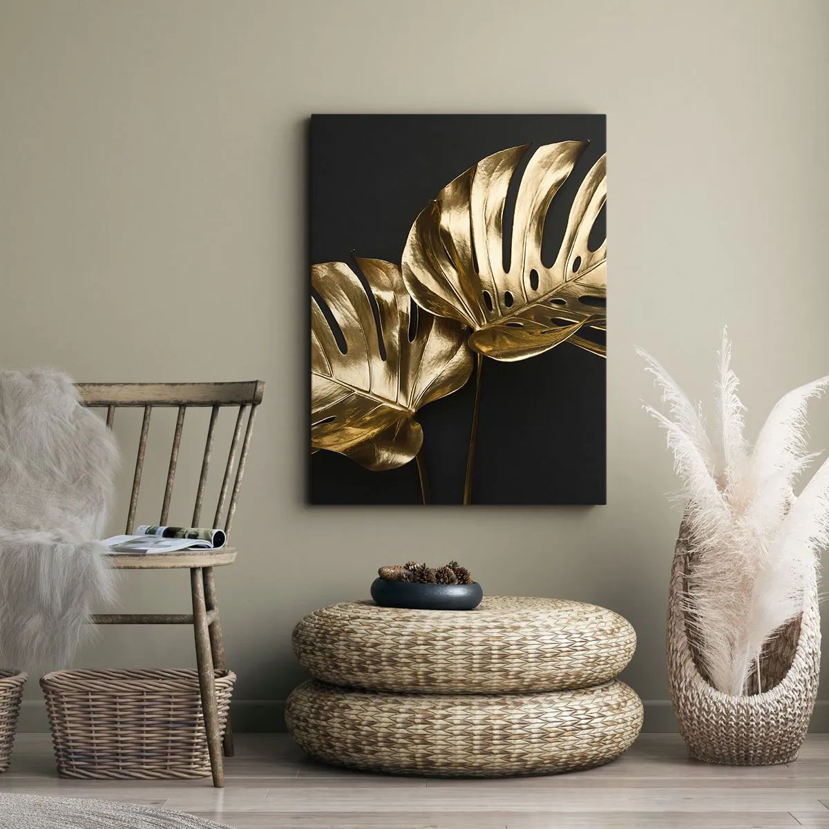 Quadro su tela - Stampe su Tela - Foglie di monstera dorate su sfondo nero - 80x120cm - I tesori della natura - Decorazione murale moderna per soggiorno e camera da letto ARTTOR