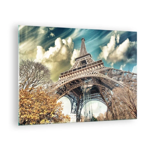 Quadro su vetro - La Torre Eiffel in uno scenario autunnale contro un cielo dinamico - 70x50cm - L'autunno a Parigi... - Decorazione murale moderna per soggiorno e camera da letto ARTTOR