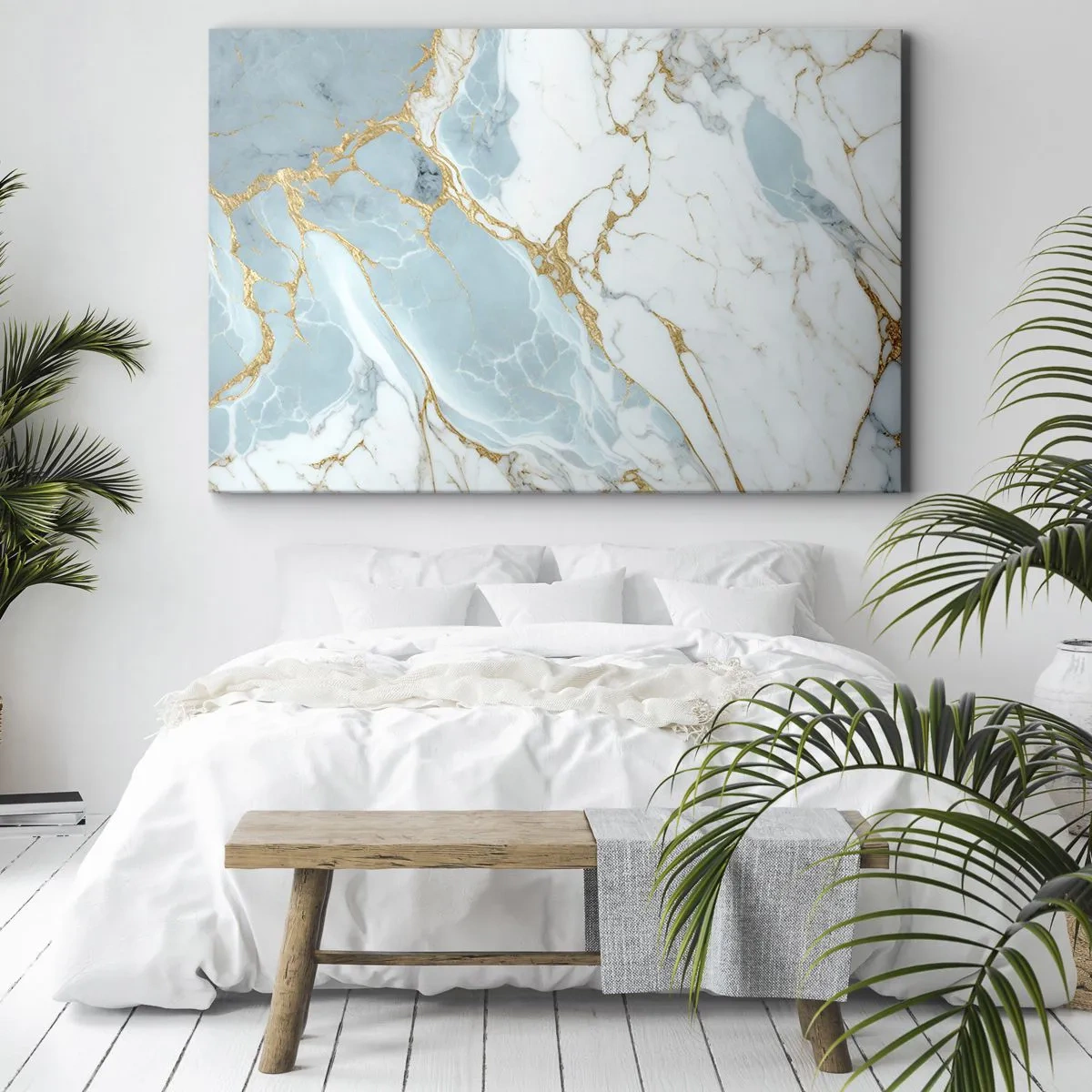 Quadro su tela - Stampe su Tela - Motivi in marmo blu e bianco con venature dorate aggiunte - 100x70cm - La ricchezza della pietra - Decorazione murale moderna per soggiorno e camera da letto ARTTOR