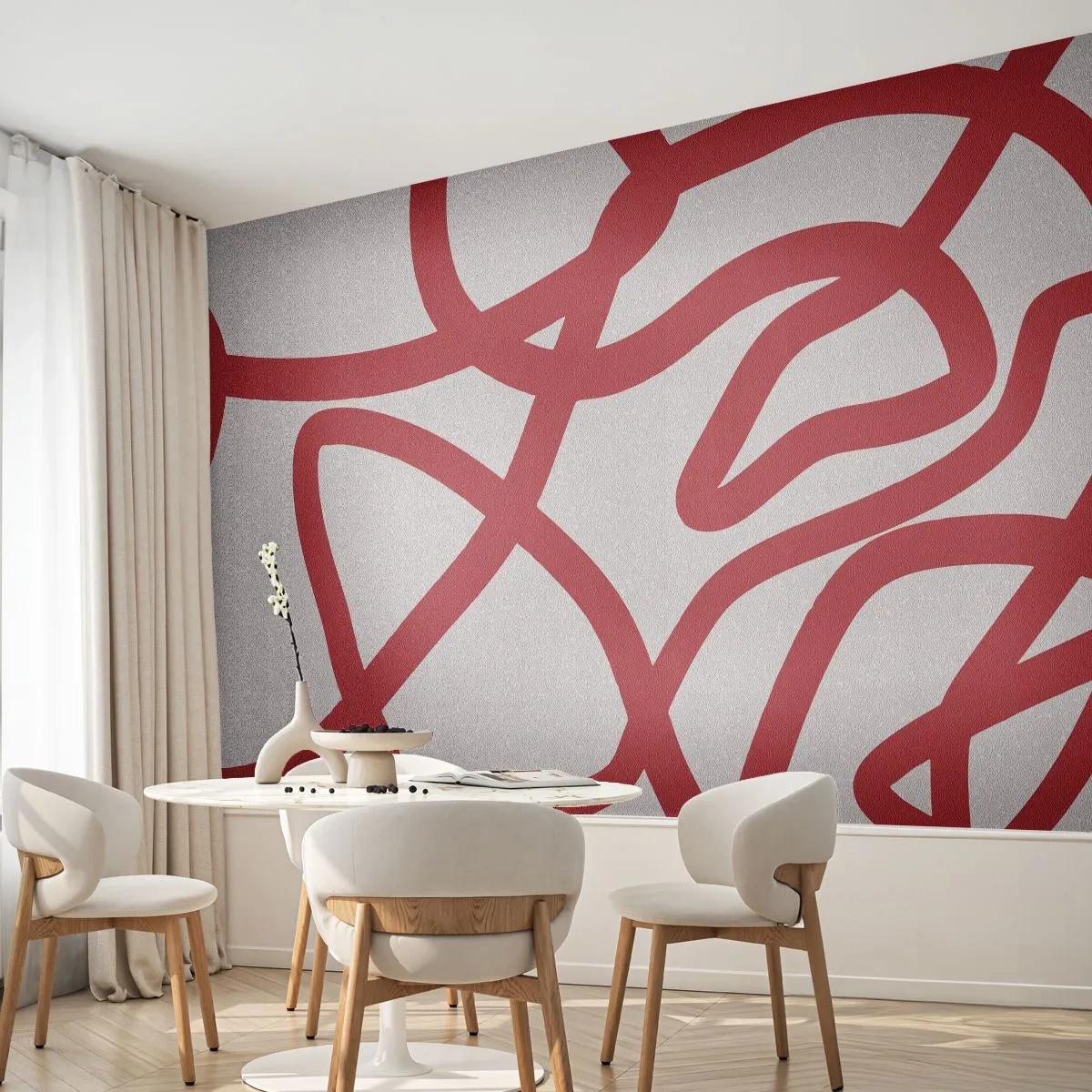 Fotomurali Premium Sand - Linee rosse irregolari su sfondo bianco in stile astratto. - 100x70cm - Rosso su bianco - Decorazione murale moderna per soggiorno e camera da letto ARTTOR