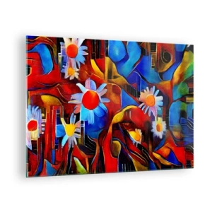 Quadro su vetro - Fiori astratti colorati su uno sfondo di colori intensi - 70x50cm - I colori della vita - Decorazione murale moderna per soggiorno e camera da letto ARTTOR