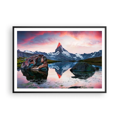 Poster in cornice nera - Una cima di montagna riflessa in un lago al tramonto - 100x70cm - Il cuore dei monti è rovente - Decorazione murale moderna per soggiorno e camera da letto ARTTOR