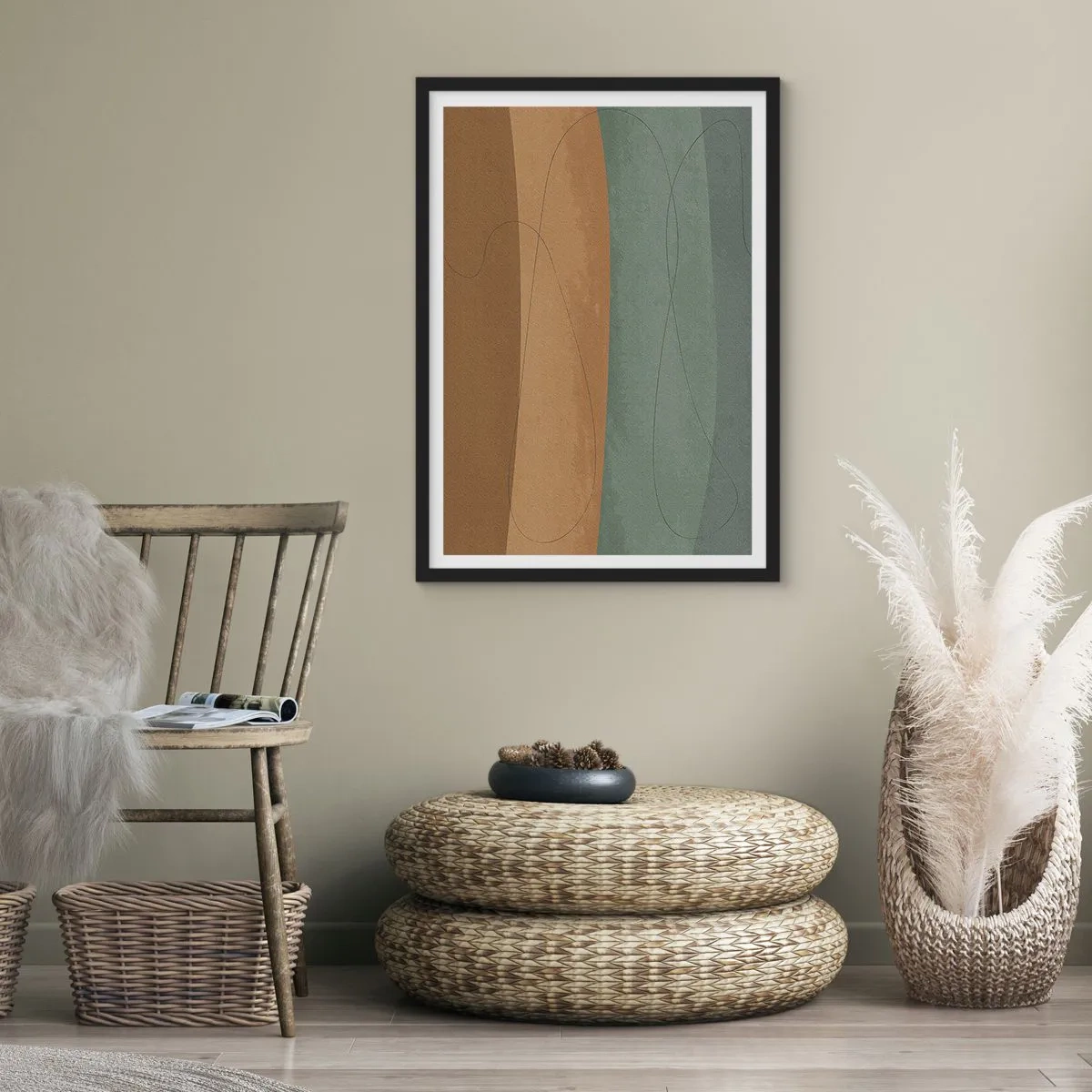 Poster in cornice nera - Linee organiche su sfondi terrosi e verdi - 50x70cm - Composizione orizzontale - Decorazione murale moderna per soggiorno e camera da letto ARTTOR