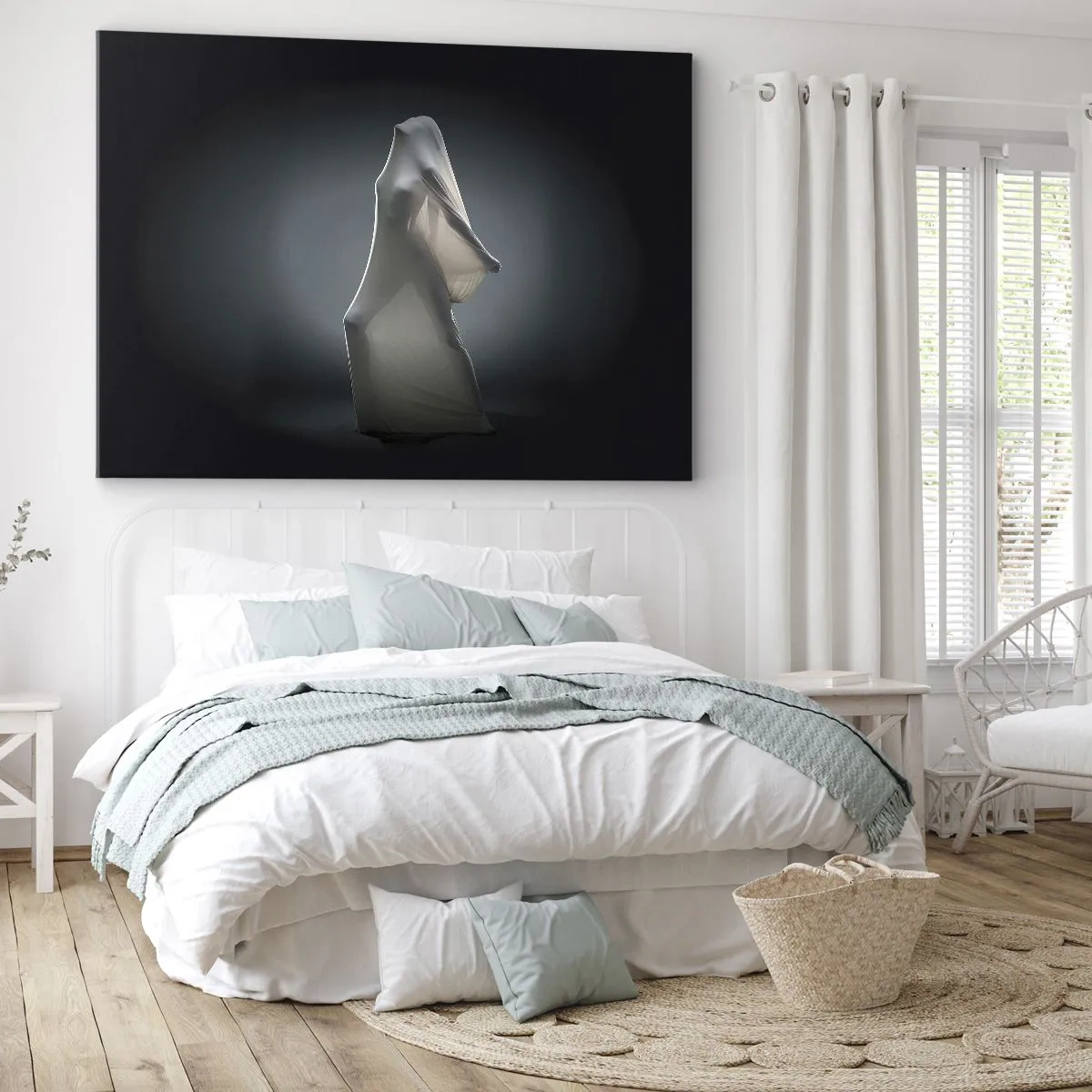 Quadro su tela - Stampe su Tela - Una figura in tessuto bianco su uno sfondo scuro - 120x80cm - Desideri nascosti - Decorazione murale moderna per soggiorno e camera da letto ARTTOR