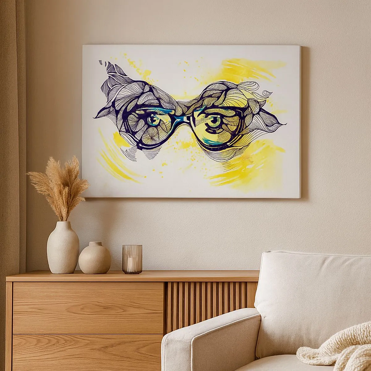 Quadro su tela - Stampe su Tela - Grafica artistica di occhiali con occhi espressivi - 70x50cm - Attraverso gli occhiali blu - Decorazione murale moderna per soggiorno e camera da letto ARTTOR