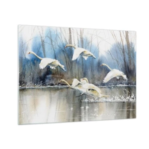 Quadro su vetro - Cigni selvatici che volano sopra un tranquillo lago nella foresta - 70x50cm - Come la favola dei cigni selvatici - Decorazione murale moderna per soggiorno e camera da letto ARTTOR