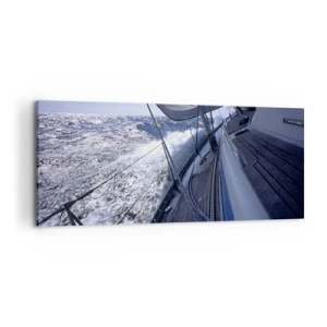 Quadro su tela - Stampe su Tela - Una barca a vela in un mare in tempesta con vele bianche e un ponte di legno. - 120x50cm - So cosa vuol dire volare - Decorazione murale moderna per soggiorno e camera da letto ARTTOR