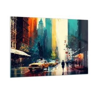 Quadro su vetro - Taxi colorati e grattacieli su una strada cittadina bagnata - 120x80cm - New York: qui anche la pioggia è colorata - Decorazione murale moderna per soggiorno e camera da letto ARTTOR