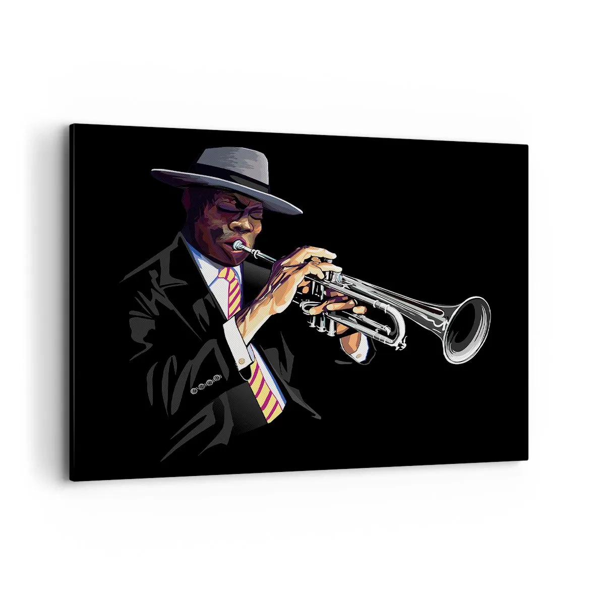 Quadro su tela - Stampe su Tela - Un musicista che suona la tromba su uno sfondo nero - 120x80cm - Il fascino della Old School - Decorazione murale moderna per soggiorno e camera da letto ARTTOR