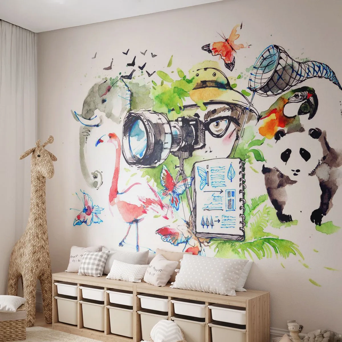 Fotomurali Premium Canvas - Grafica colorata con temi naturalistici e safari - 100x70cm - Nell'obiettivo del viaggiatore - Decorazione murale moderna per soggiorno e camera da letto ARTTOR