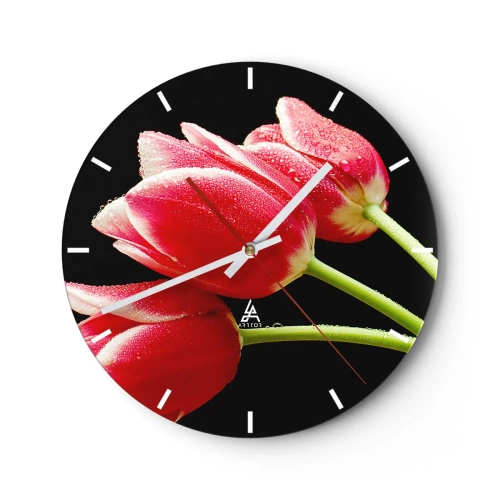 Orologio da parete - Orologio in Vetro - Tulipani rossi con gocce d'acqua su sfondo nero - 30x30cm - Promessa di amore puro - Decorazione murale moderna per soggiorno, cucina e camera da letto ARTTOR