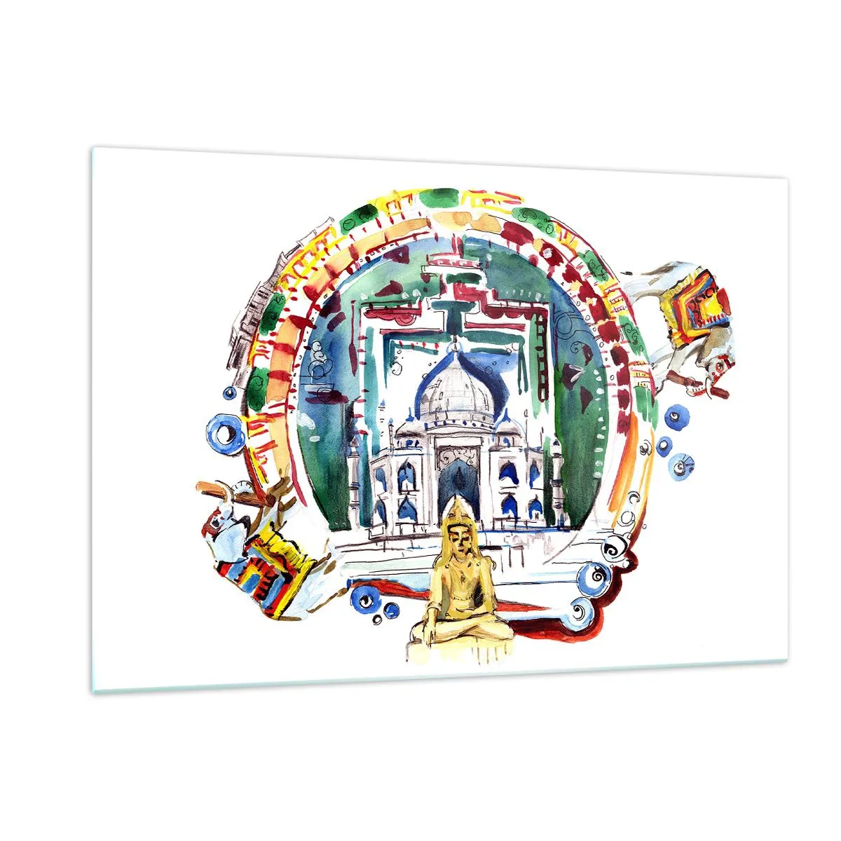 Quadro su vetro - Illustrazione colorata di monumenti indiani in stile acquerello - 120x80cm - L'equilibrio indiano del mondo - Decorazione murale moderna per soggiorno e camera da letto ARTTOR