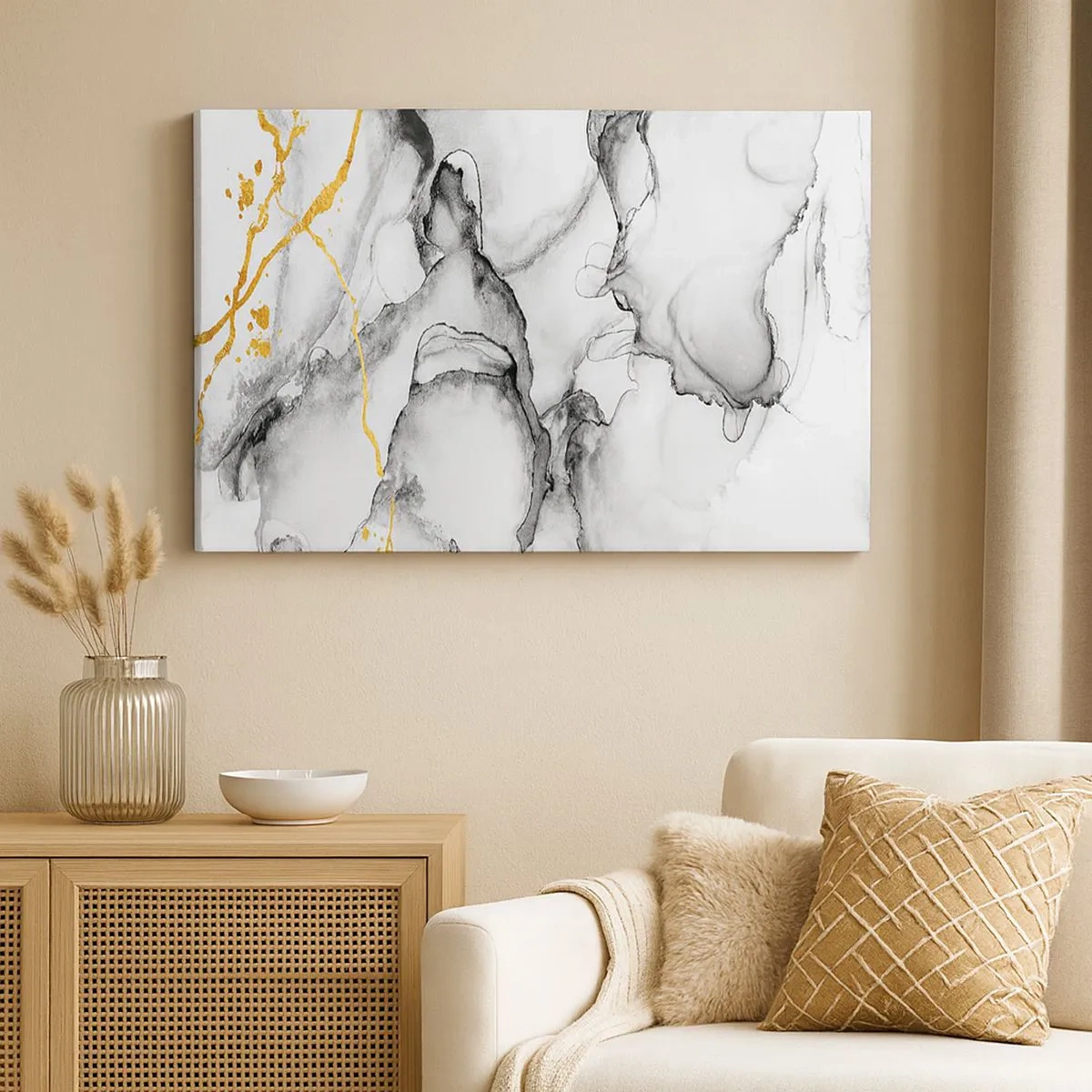 Quadro su tela - Stampe su Tela - Motivi astratti in bianco e nero con accenti dorati - 70x50cm - Composizione con motivo d'oro - Decorazione murale moderna per soggiorno e camera da letto ARTTOR