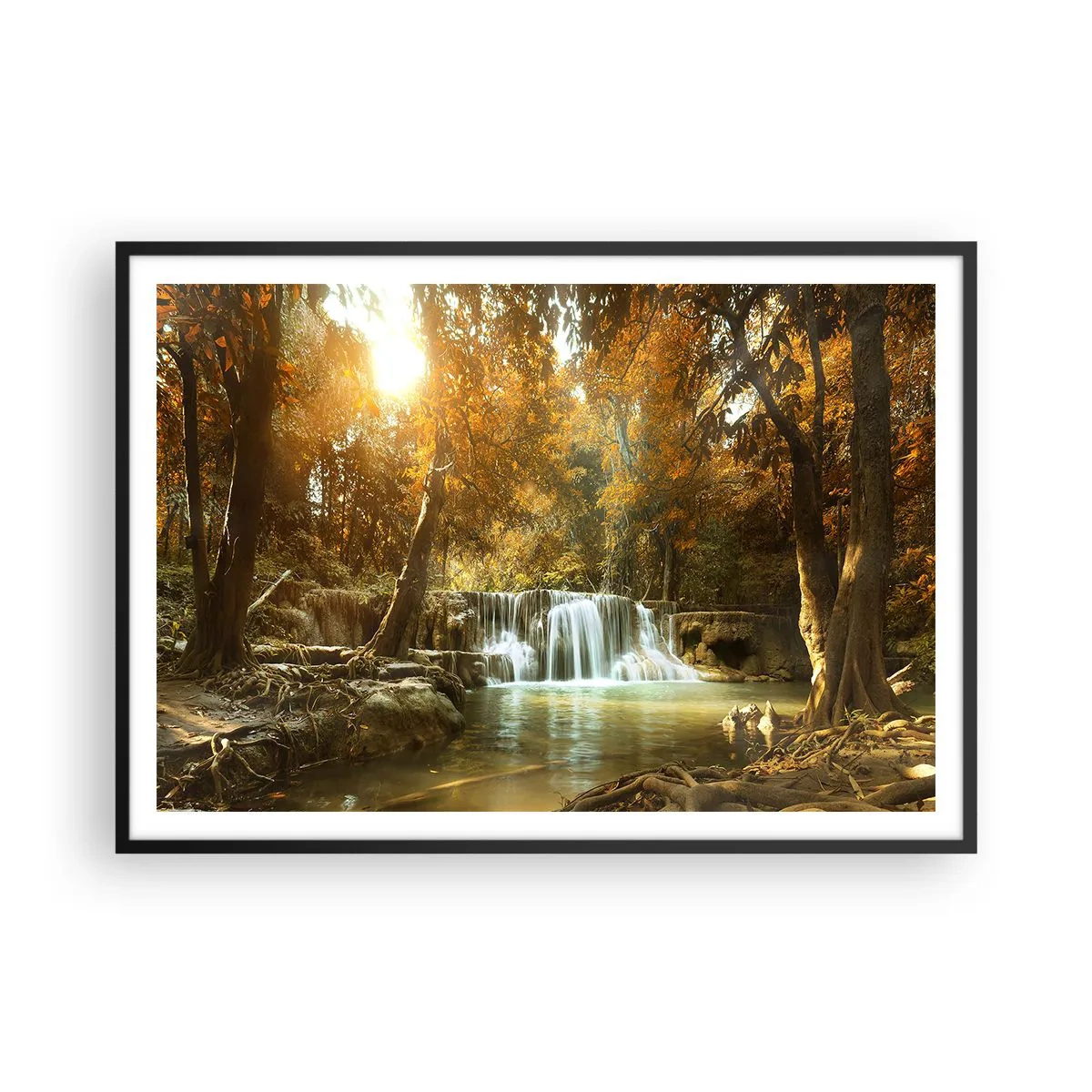 Poster in cornice nera - Paesaggio autunnale con cascata - 100x70cm - Cascata nel parco - Decorazione murale moderna per soggiorno e camera da letto ARTTOR