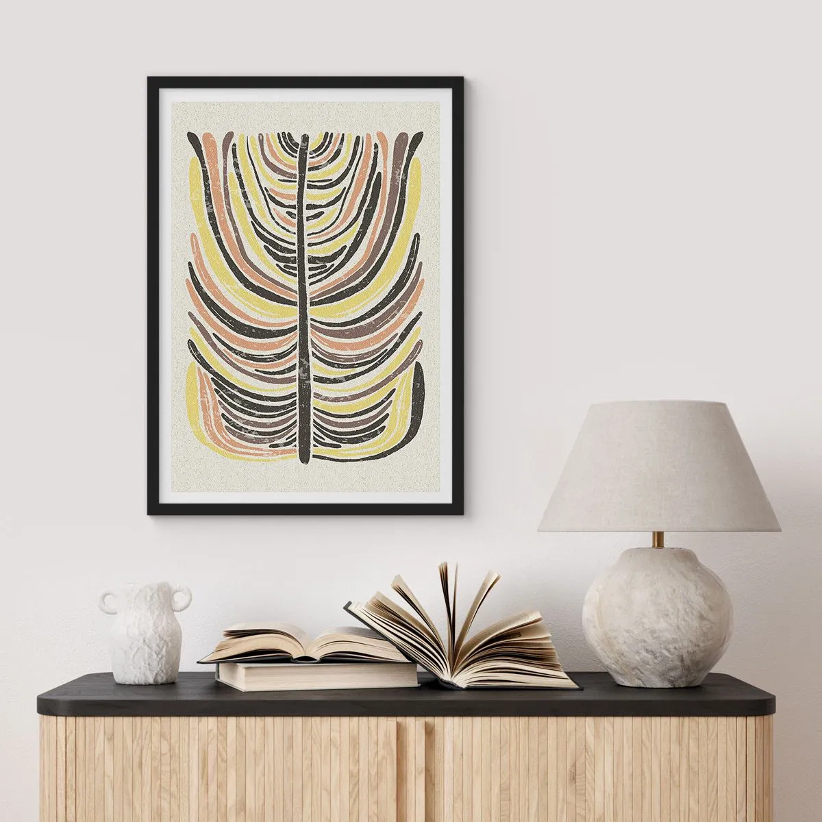 Poster in cornice nera - Foglia astratta nei toni della terra - 50x70cm - Astrazione piena di vita - Decorazione murale moderna per soggiorno e camera da letto ARTTOR