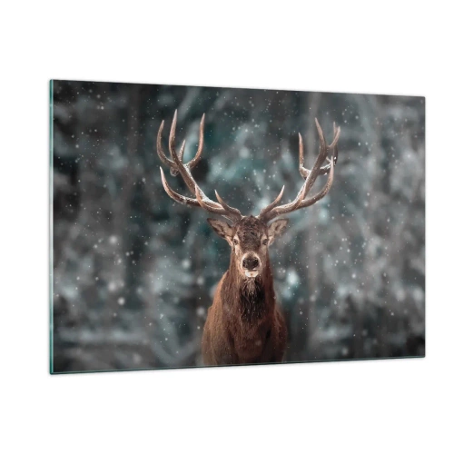 Quadro su vetro - Un cervo fiero in una foresta invernale in mezzo alla neve che cade - 120x80cm - Il re del bosco incoronato - Decorazione murale moderna per soggiorno e camera da letto ARTTOR