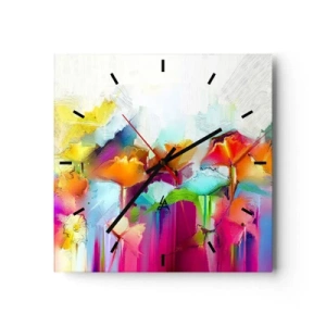 Orologio da parete - Orologio in Vetro - Fiori astratti colorati su uno sfondo chiaro - 30x30cm - L'arcobaleno è fiorito - Decorazione murale moderna per soggiorno e camera da letto ARTTOR