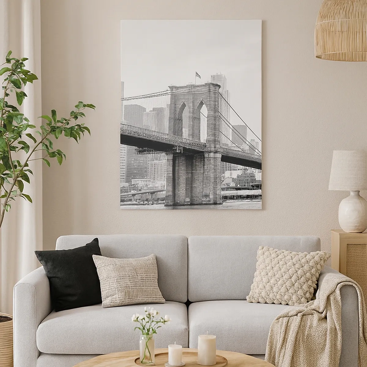 Quadro su tela - Stampe su Tela - Ponte di Brooklyn con i grattacieli di New York sullo sfondo - 50x70cm - Atmosfera di New York - Decorazione murale moderna per soggiorno e camera da letto ARTTOR