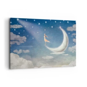 Quadro su tela - Stampe su Tela - Una donna sulla luna circondata da stelle e nuvole - 100x70cm - Seduttrice celeste - Decorazione murale moderna per soggiorno e camera da letto ARTTOR