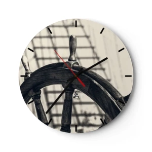 Orologio da parete - Orologio in Vetro - Il timone di una nave in seppia con le vele sullo sfondo - 30x30cm - Racconti del mare - Decorazione murale moderna per soggiorno, cucina e camera da letto ARTTOR