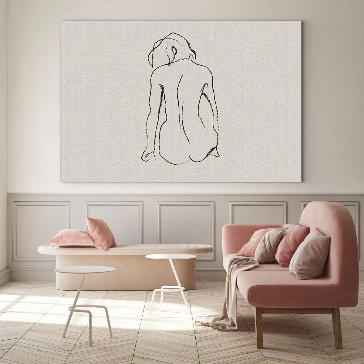 Quadro su vetro - Delicato schizzo di una donna seduta, disegnato in nero su sfondo chiaro. - 100x70cm - Nudo di ragazza - Decorazione murale moderna per soggiorno e camera da letto ARTTOR