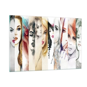 Quadro su vetro - Un collage di ritratti di donne in vari stili artistici. - 120x80cm - E sei sempre tu - Decorazione murale moderna per soggiorno e camera da letto ARTTOR