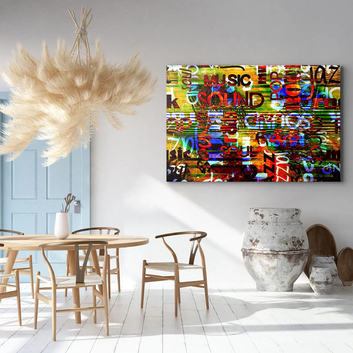 Quadro su tela - Stampe su Tela - Astrazione colorata con iscrizioni musicali in stile pop art - 70x50cm - Tutti i colori del suono - Decorazione murale moderna per soggiorno e camera da letto ARTTOR