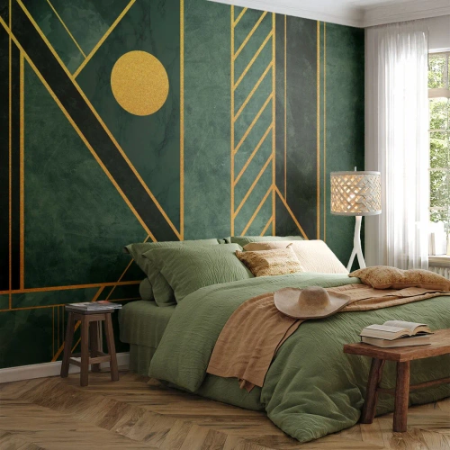 Fotomurali Premium Sand - Geometria verde con elementi dorati in stile Art Déco - 100x70cm - Dinamica di oro e azzurro - Decorazione murale moderna per soggiorno e camera da letto ARTTOR