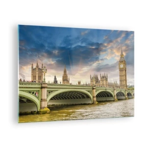Quadro su vetro - Big Ben e Westminster Bridge al tramonto - 70x50cm - Nell'Impero il tempo si è fermato - Decorazione murale moderna per soggiorno e camera da letto ARTTOR