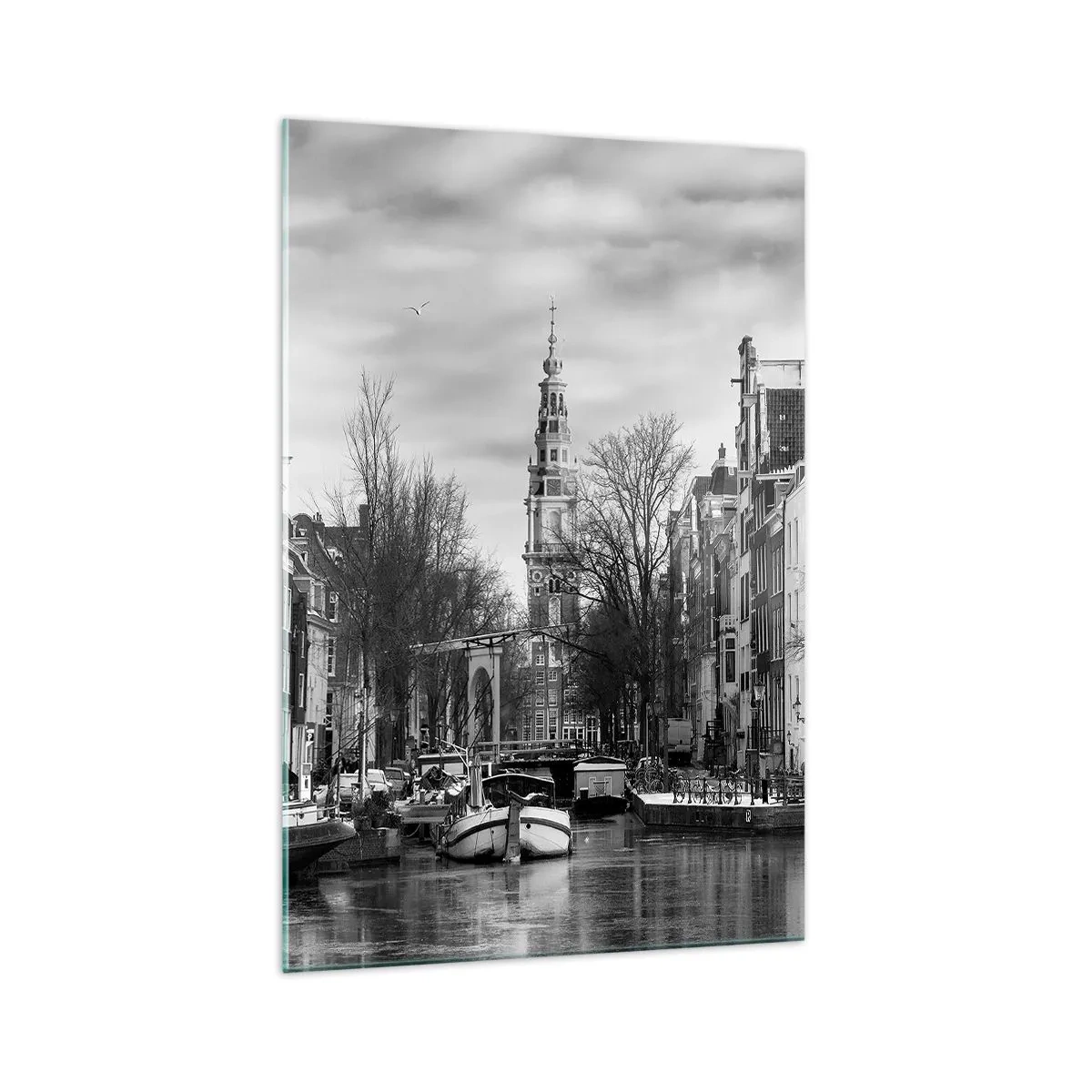 Quadro su vetro - Panorama in bianco e nero di Amsterdam con canale ed edifici storici - 70x100cm - Atmosfera di Amsterdam - Decorazione murale moderna per soggiorno e camera da letto ARTTOR