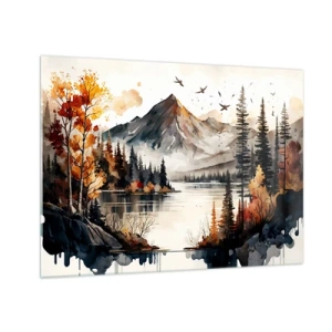 Quadro su vetro - Paesaggio montano autunnale con lago e foresta - 70x50cm - L'autunno dorato sui monti - Decorazione murale moderna per soggiorno e camera da letto ARTTOR