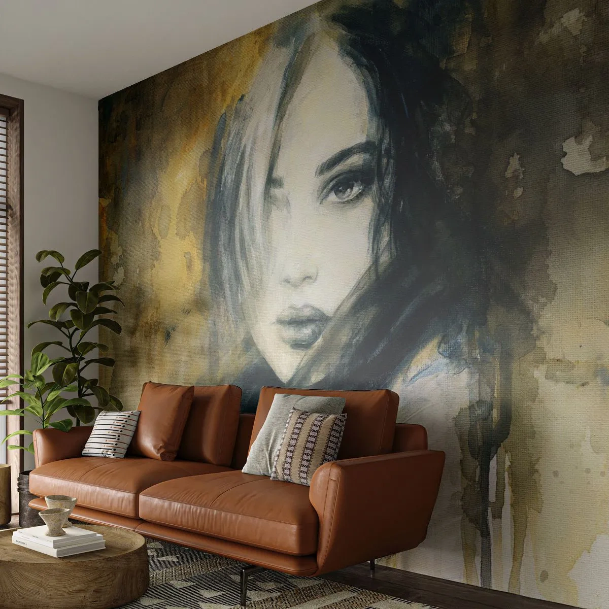 Fotomurali Premium Canvas - Ritratto di una donna su uno sfondo di macchie astratte nei toni del beige - 100x70cm - Più innocente o sensuale? - Decorazione murale moderna per soggiorno e camera da letto ARTTOR