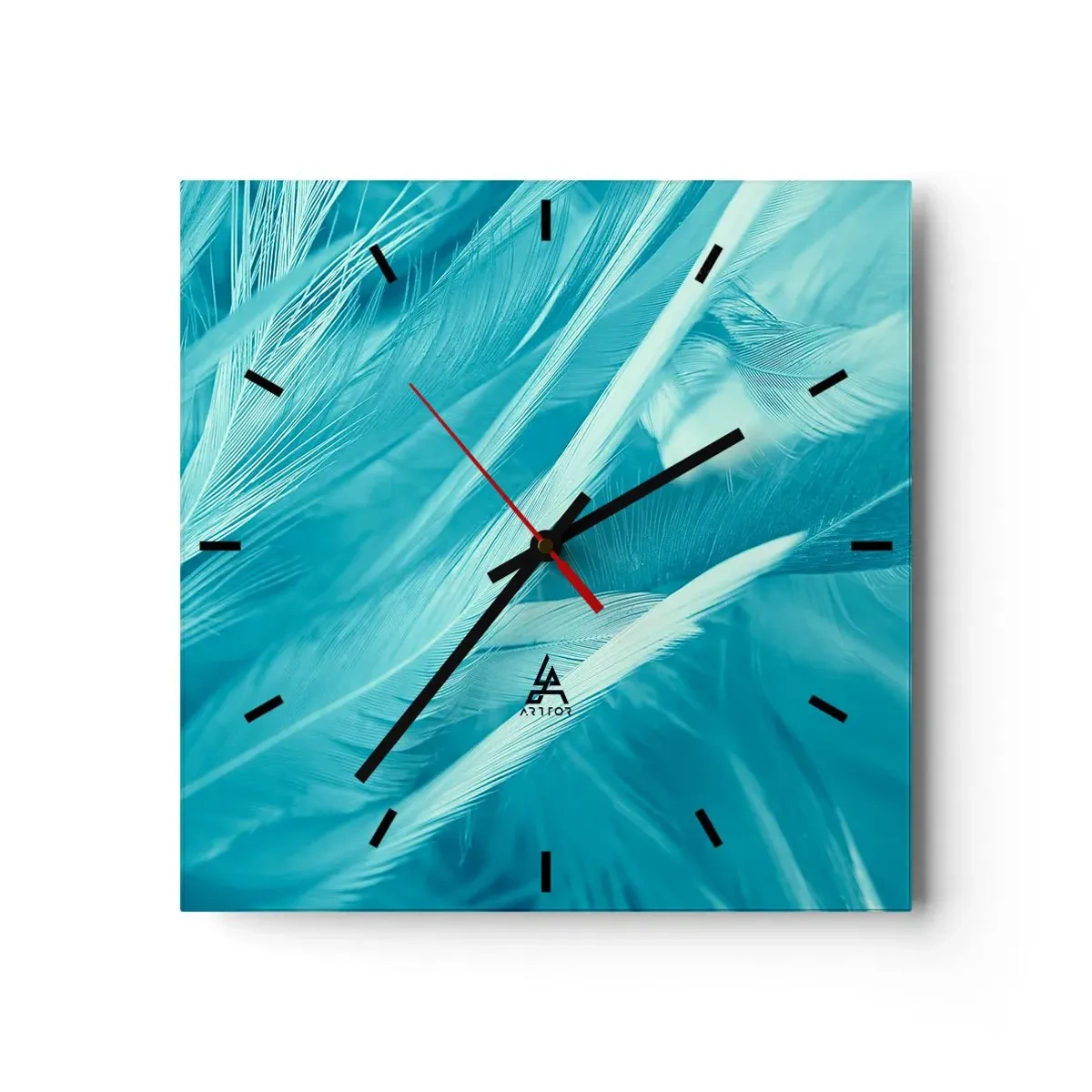 Orologio da parete - Orologio in Vetro - Delicate piume turchesi in primo piano - 30x30cm - Annegare nel morbido - Decorazione murale moderna per soggiorno e camera da letto ARTTOR