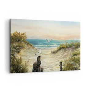 Quadro su tela - Stampe su Tela - Costa con gabbiani e dune al tramonto - 120x80cm - Silenzio senza vento - Decorazione murale moderna per soggiorno e camera da letto ARTTOR