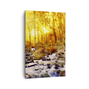 Quadro su tela - Stampe su Tela - Foresta autunnale con ruscello tra foglie dorate - 80x120cm - Pietre incorniciate in oro e platino - Decorazione murale moderna per soggiorno e camera da letto ARTTOR