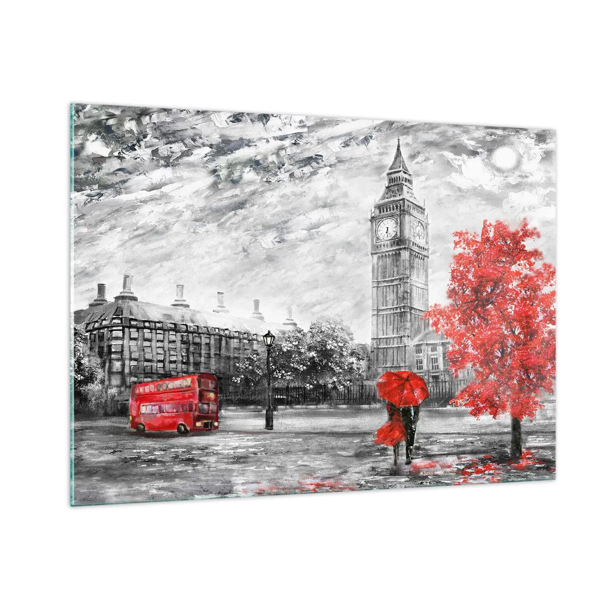 Quadro su vetro - Il Big Ben con un autobus rosso e un ombrello sullo sfondo di alberi autunnali - 100x70cm - Un giorno eccitante - Decorazione murale moderna per soggiorno e camera da letto ARTTOR