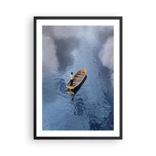 Poster in cornice nera - Una persona su una barca che galleggia sull'acqua, dove si riflettono il cielo e le nuvole. - 50x70cm - Vita - viaggio - incertezza  - Decorazione murale moderna per soggiorno e camera da letto ARTTOR