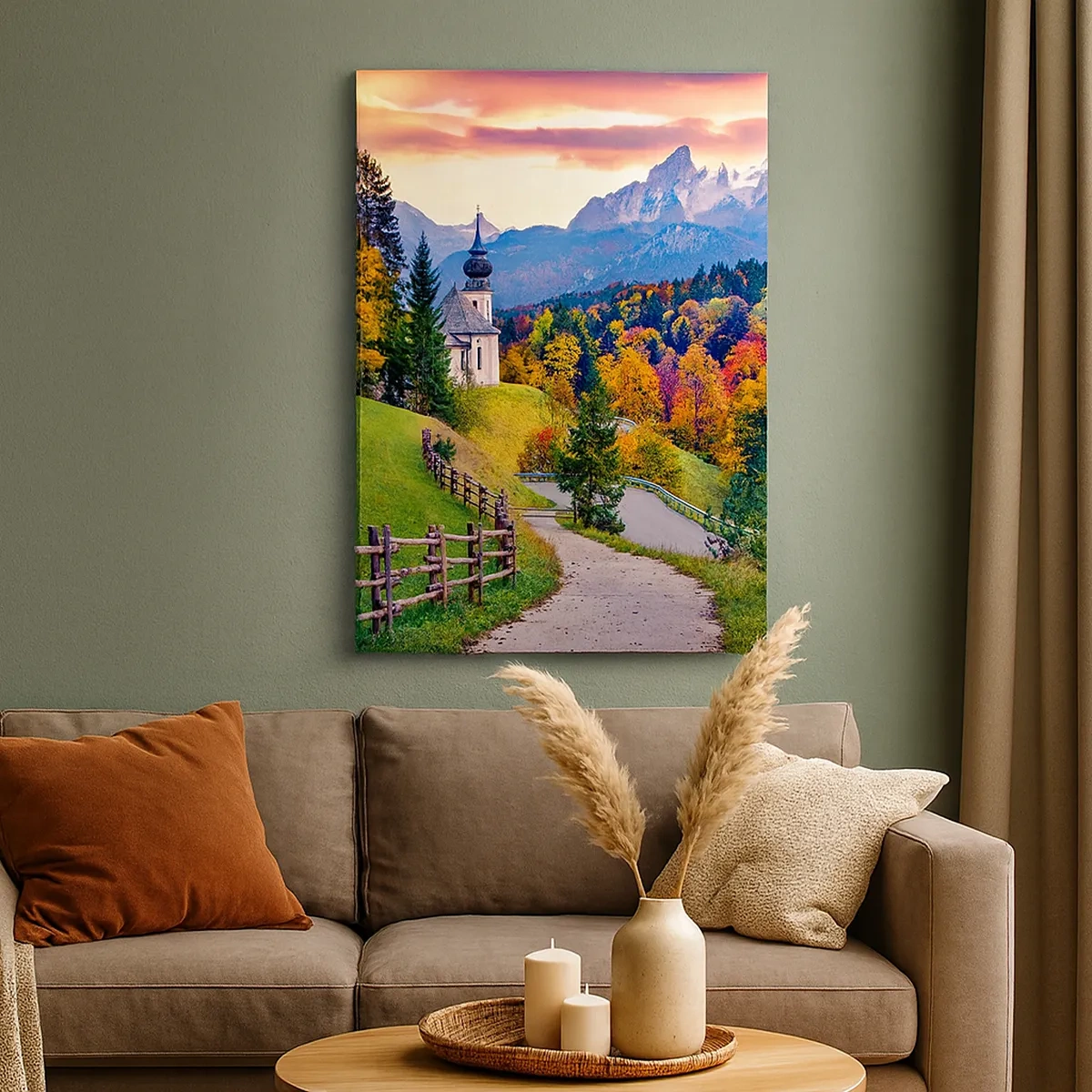 Quadro su tela - Stampe su Tela - Paesaggio montano autunnale con cappella e tramonto - 50x70cm - Un paesaggio come dipinto - Decorazione murale moderna per soggiorno e camera da letto ARTTOR