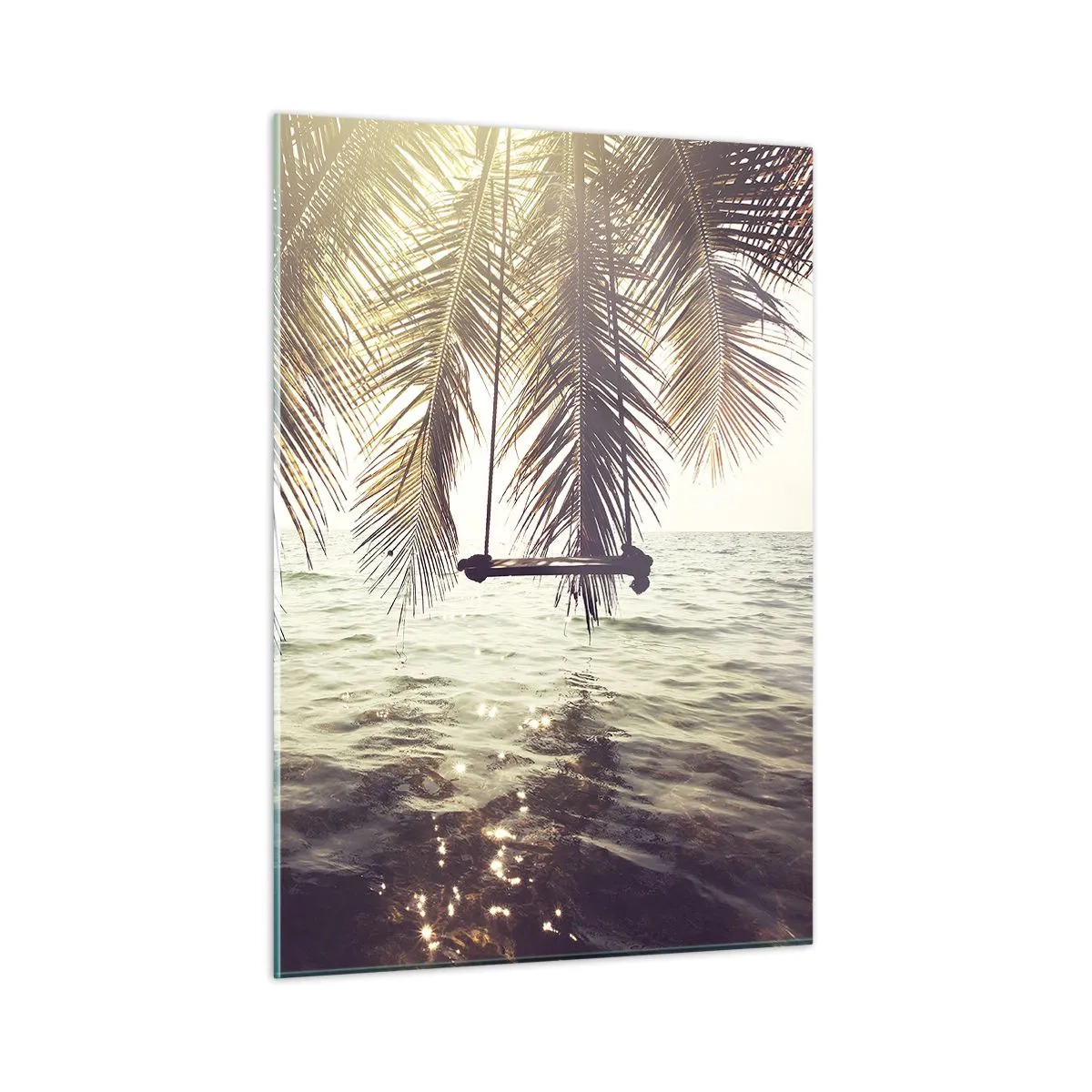 Quadro su vetro - Una spiaggia con palme e un'altalena su un mare calmo - 50x70cm - Si può dondolare tra le nuvole a volontà - Decorazione murale moderna per soggiorno e camera da letto ARTTOR