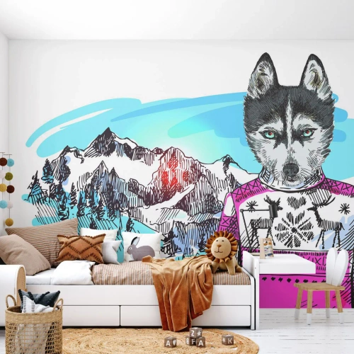 Fotomurali Premium Sand - Husky con un maglione rosa sullo sfondo di un panorama montano - 100x70cm - Lupo con lana di pecora - Decorazione murale moderna per soggiorno e camera da letto ARTTOR