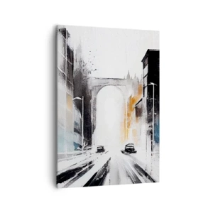 Quadro su tela - Stampe su Tela - Panorama astratto della città con un ponte ad arco - 50x70cm - Studio di città: architettura e movimento - Decorazione murale moderna per soggiorno e camera da letto ARTTOR