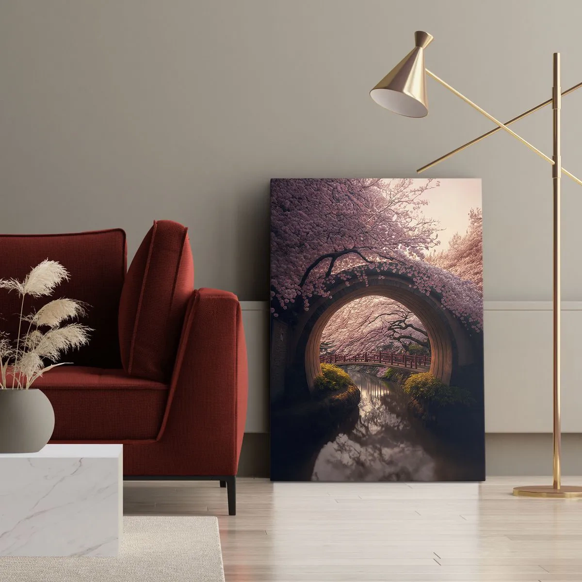 Quadro su tela - Stampe su Tela - Un ponte tradizionale giapponese circondato da fiori di ciliegio - 50x70cm - Primavera giapponese - Decorazione murale moderna per soggiorno e camera da letto ARTTOR