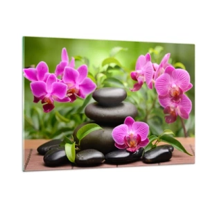 Quadro su vetro - Orchidee rosa e pietre nere in un ambiente tranquillo - 120x80cm - Piramide di pace - Decorazione murale moderna per soggiorno e camera da letto ARTTOR