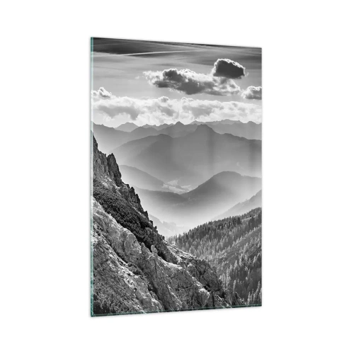 Quadro su vetro - Paesaggio montano in bianco e nero con nuvole sulle cime - 80x120cm - Fino all'orizzonte - Decorazione murale moderna per soggiorno e camera da letto ARTTOR