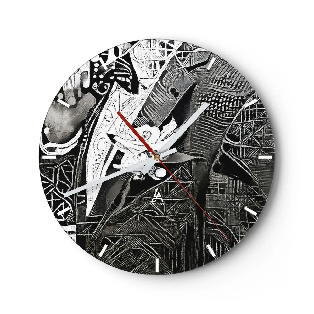 Orologio da parete - Orologio in Vetro - Astrazione in bianco e nero con motivi geometrici complessi - 30x30cm - Solo in apparenza un uomo grigio - Decorazione murale moderna per soggiorno, cucina e camera da letto ARTTOR