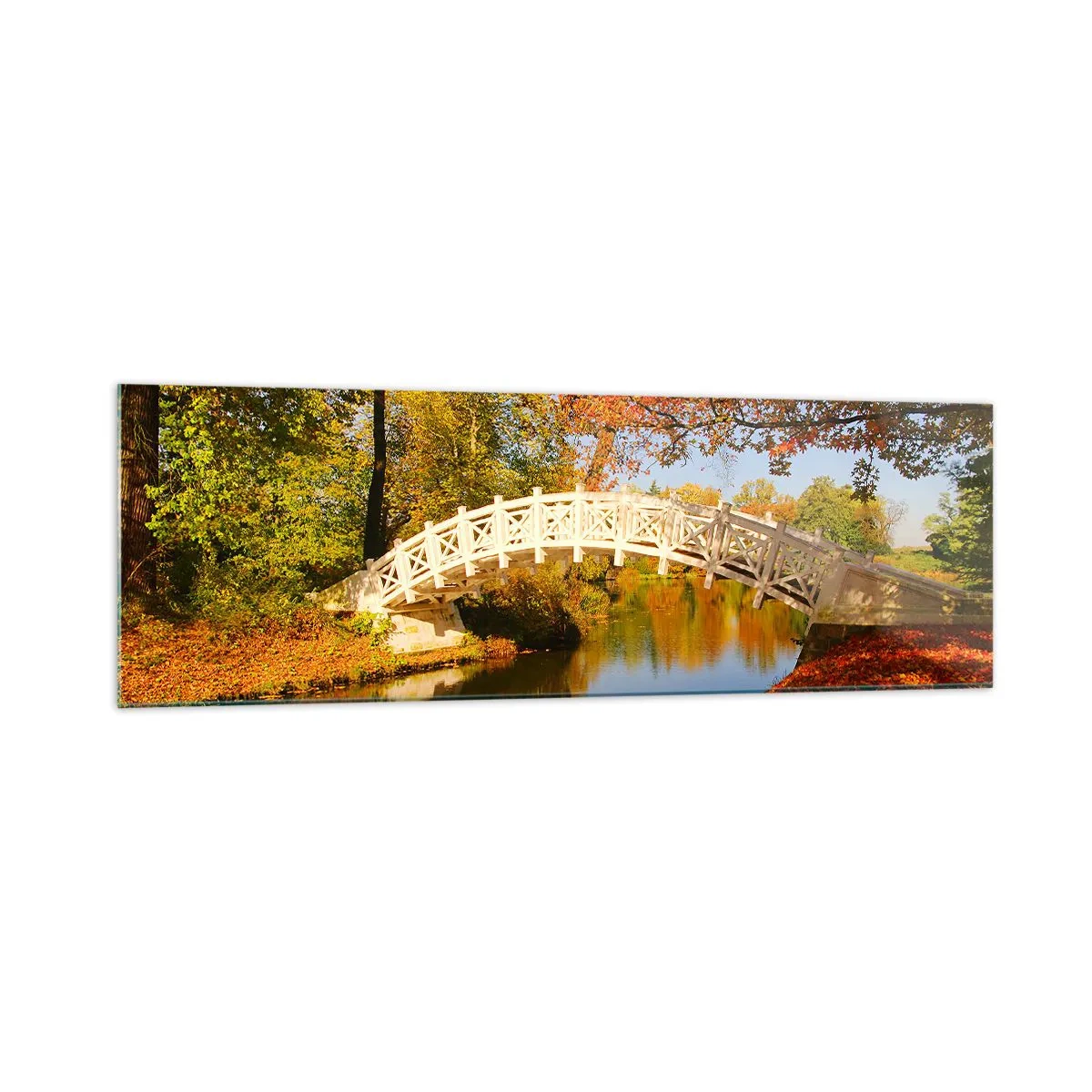 Quadro su vetro - Un ponte in un parco circondato da foglie autunnali su acque calme - 160x50cm - Sul bianco ponticello dei sospiri - Decorazione murale moderna per soggiorno e camera da letto ARTTOR