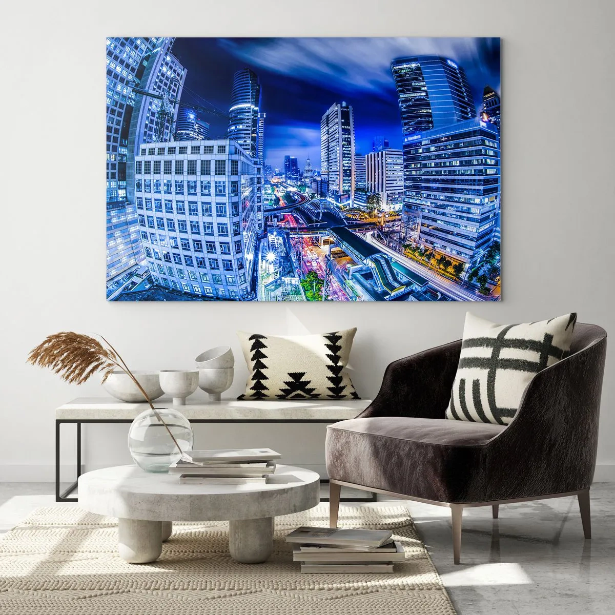 Quadro su vetro - Panorama di una città moderna di notte con luci brillanti - 120x80cm - Il ritmo notturno della città - Decorazione murale moderna per soggiorno e camera da letto ARTTOR