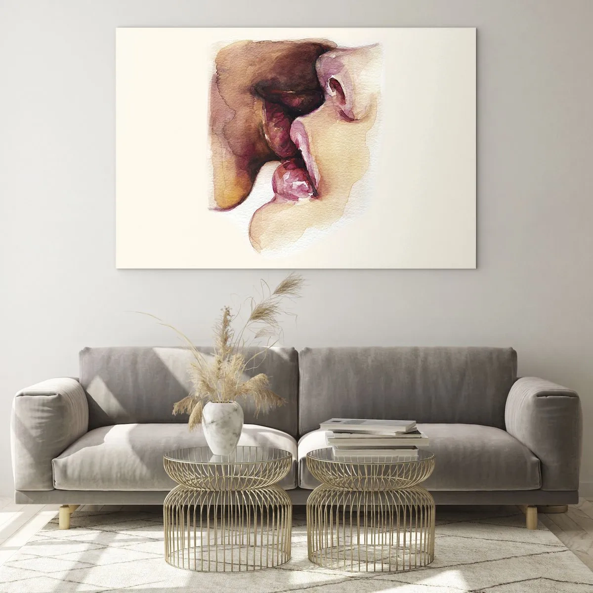 Quadro su vetro - Bacio artistico ad acquerello di due volti su uno sfondo chiaro - 70x50cm - Come notte e giorno, terra e cielo - Decorazione murale moderna per soggiorno e camera da letto ARTTOR