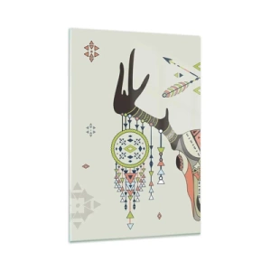Quadro su vetro - Decorazione boho con teschio di cervo e acchiappasogni - 80x120cm - Il trofeo del cacciatore indiano - Decorazione murale moderna per soggiorno e camera da letto ARTTOR